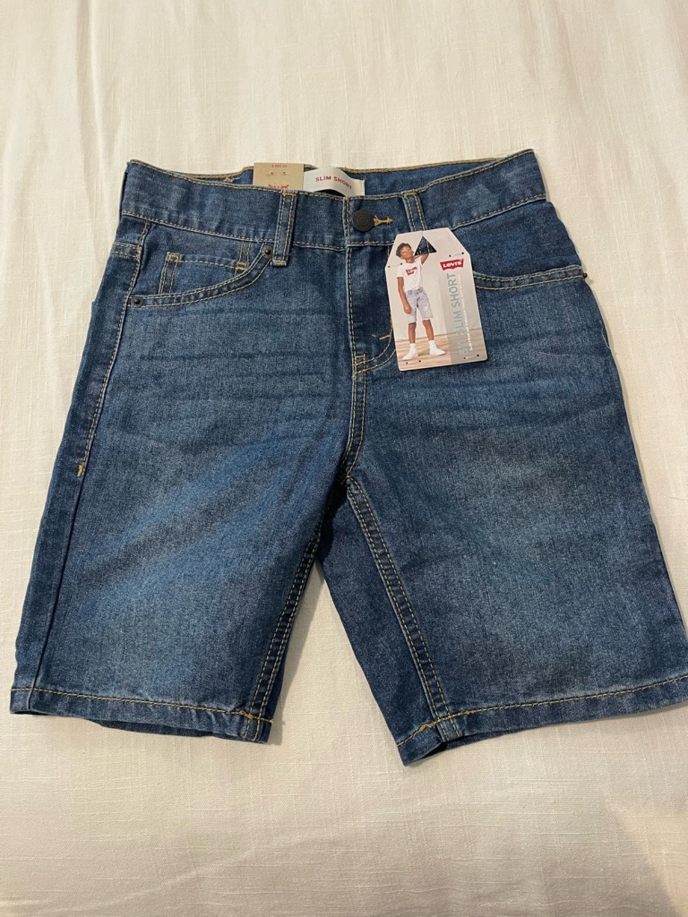 Levi's Dark Blue Kids Slim Denim Shorts with Yellow Stitching